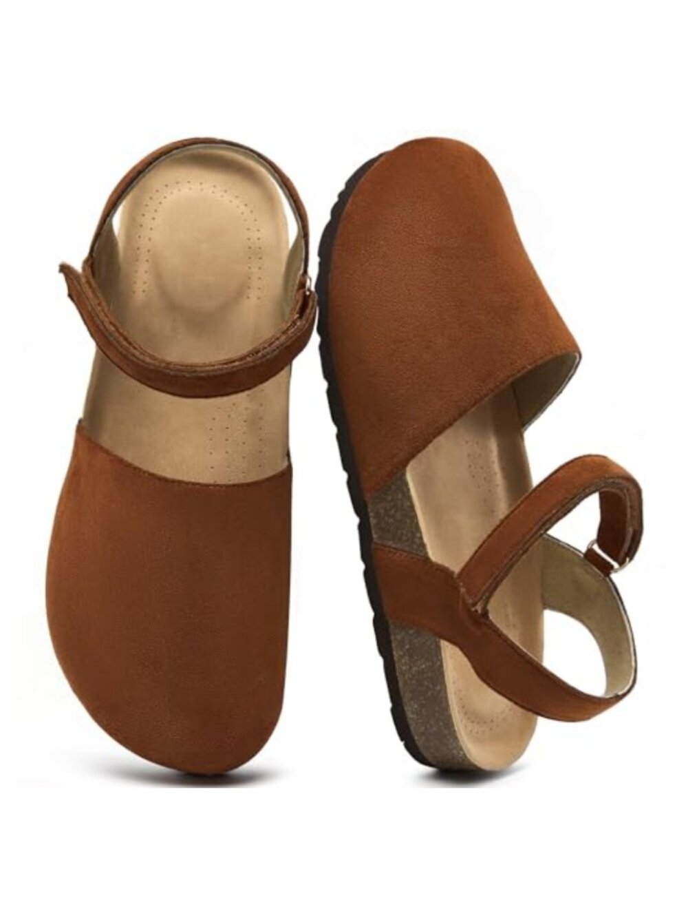 Suede Like Closed Toe Flat Sandals Cork Footbed Walking Shoes